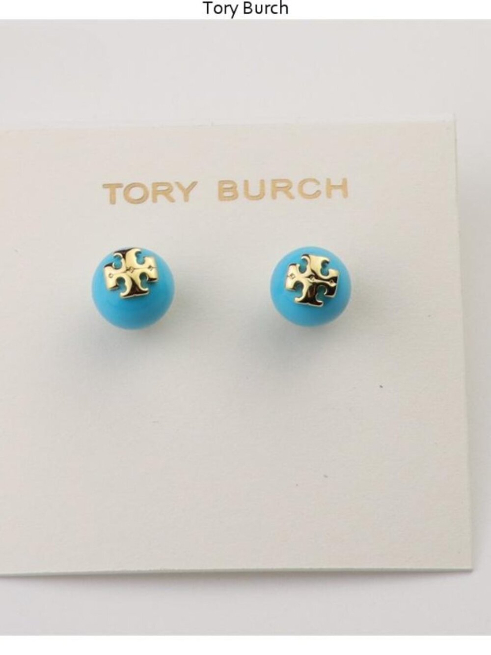 Tory Burch Turquoise Enamel Logo Stud Earrings with Gold-Tone Emblem